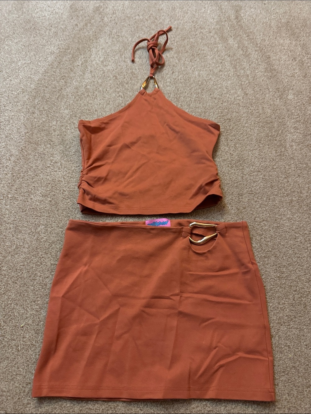 Edikted Rust Halter Crop Top & Mini Skirt Set with Gold Ring Detail